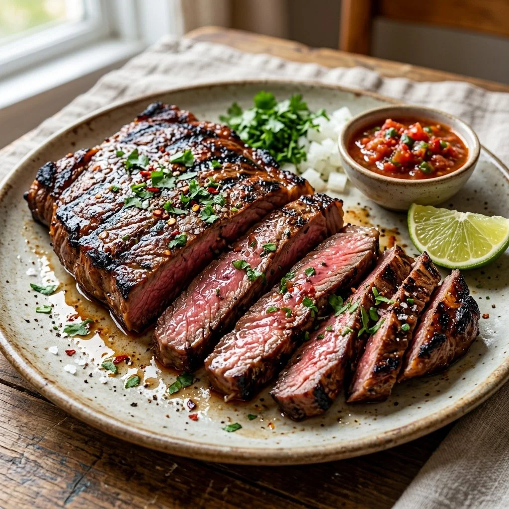 Deliciously grilled carne asada served with fresh toppings and lime.