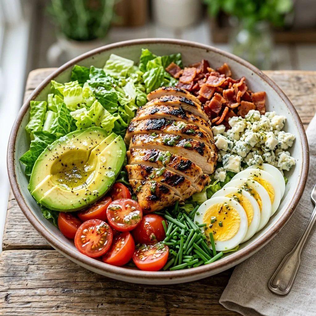 A vibrant Grilled Chicken Cobb Salad with fresh ingredients and colorful toppings.