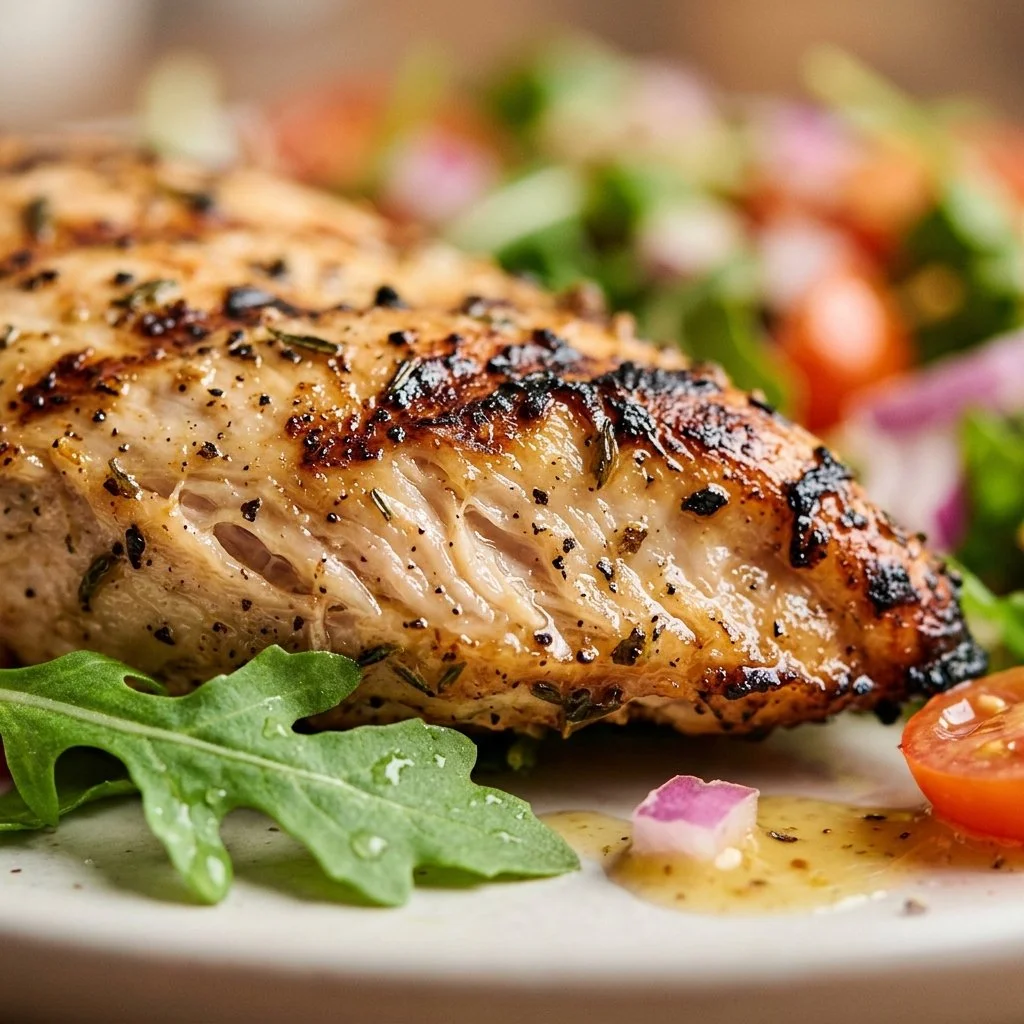 Healthy grilled chicken salad with fresh vegetables and dressing