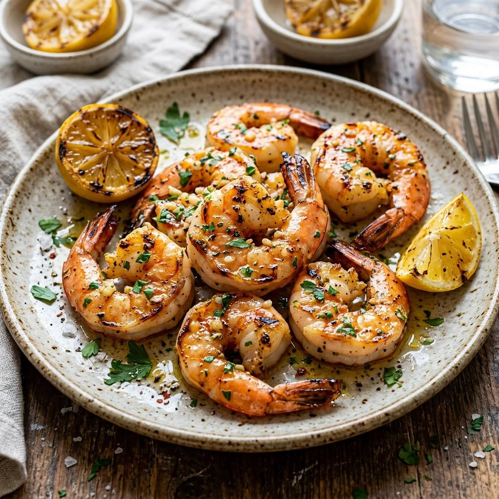 Grilled lemon garlic shrimp served on a plate with herbs and lemon slices