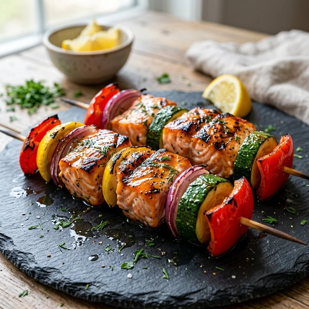 Delicious grilled salmon kebabs on skewers, garnished with fresh herbs.
