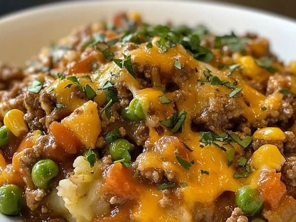 Delicious Ground Beef Hobo Casserole served in a baking dish.