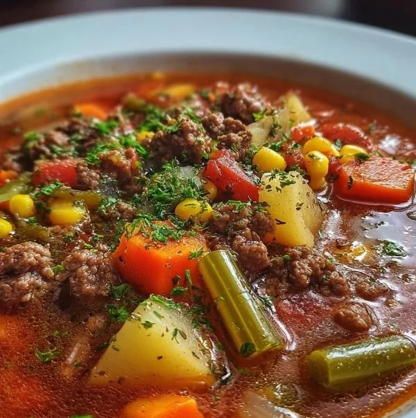 Delicious ground beef vegetable soup in a bowl topped with fresh herbs.