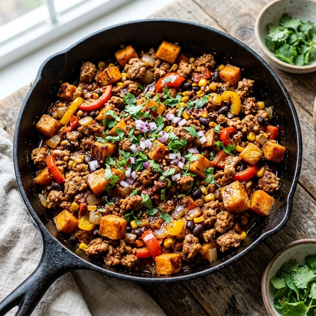 Ground Turkey Sweet Potato Skillet cooked in a pan with colorful veggies