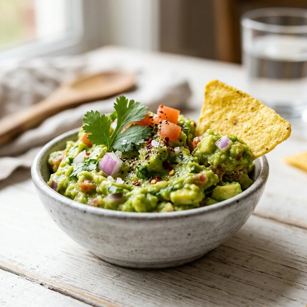 Delicious homemade guacamole made with ripe avocados and fresh ingredients