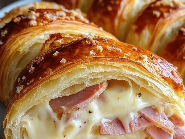 Homemade ham and cheese croissant on a plate with fresh herbs
