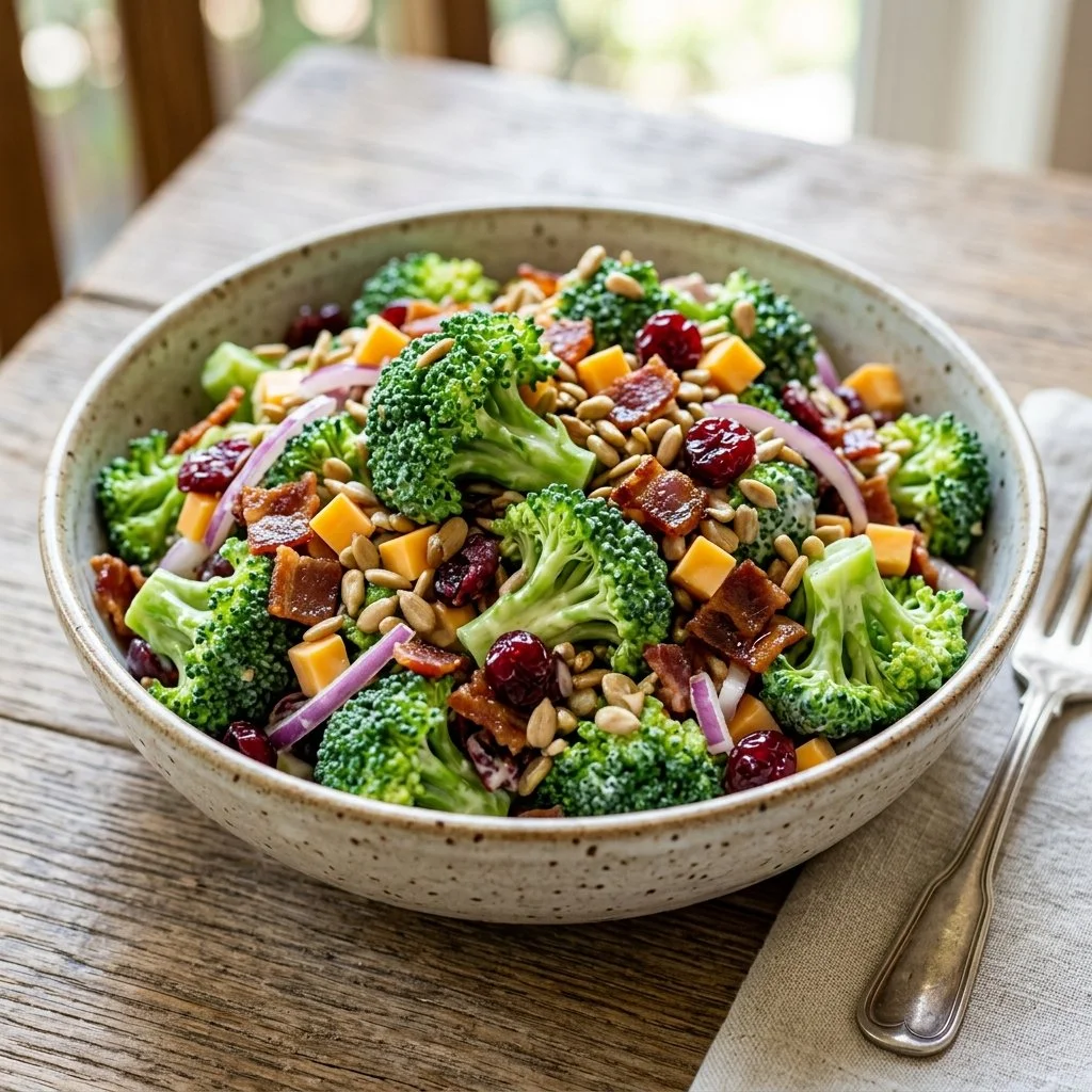 Healthy broccoli salad with fresh ingredients and dressing