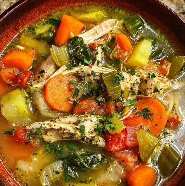 Bowl of healthy homemade chicken soup with fresh vegetables and herbs
