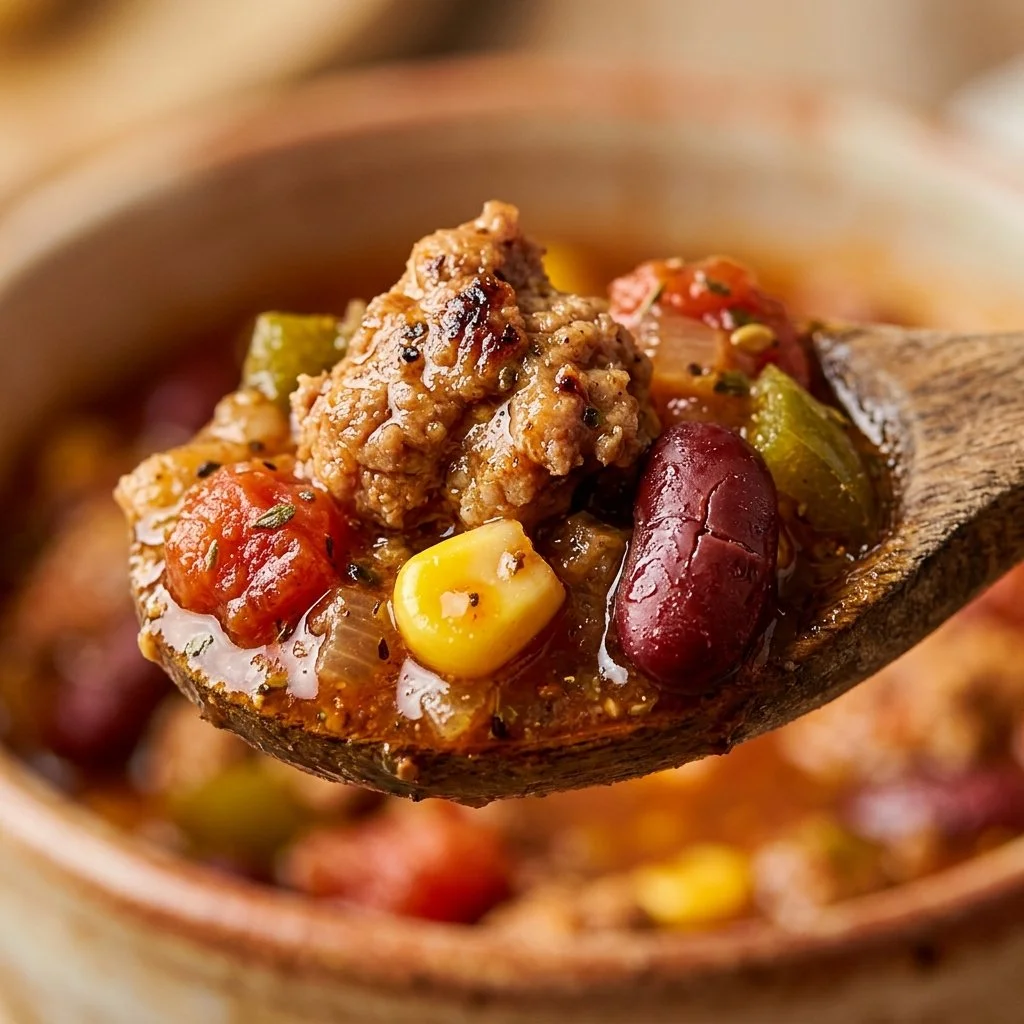 Bowl of healthy turkey chili topped with herbs and served with cornbread