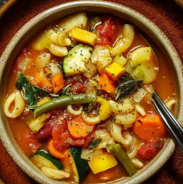 Hearty Italian vegetable minestrone soup filled with fresh vegetables and herbs.