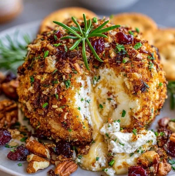 Herb-crusted cheeseball with creamy filling served on a platter.