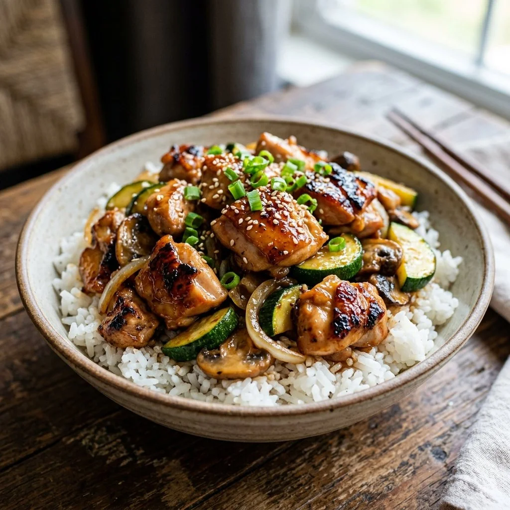 Delicious Hibachi Chicken grilled to perfection, served with vegetables and sauce.
