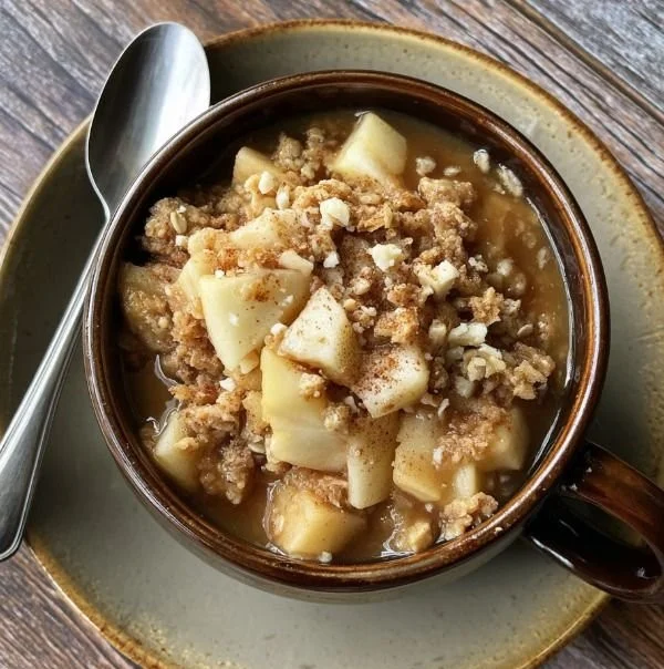 High-protein apple crisp mug topped with oats and fresh apples