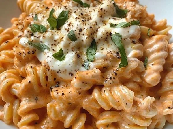 High-protein cottage cheese pasta sauce served over pasta in a bowl.