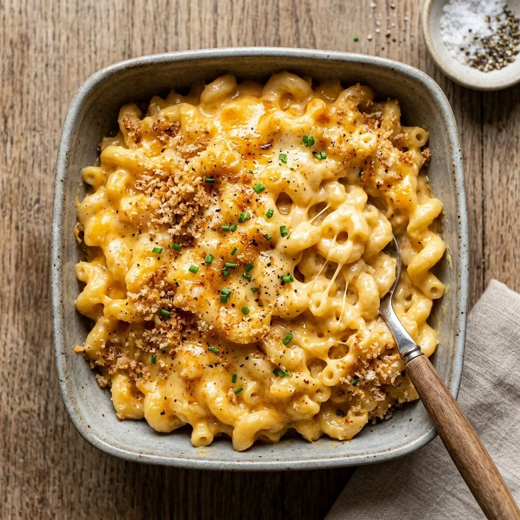 Delicious high protein mac and cheese served in a bowl