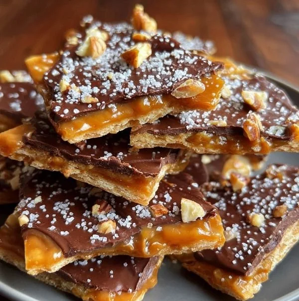 Delicious homemade holiday Saltine toffee on a festive platter