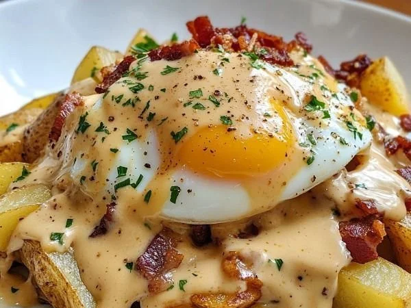 Delicious hollandaise-topped breakfast poutine served on a plate