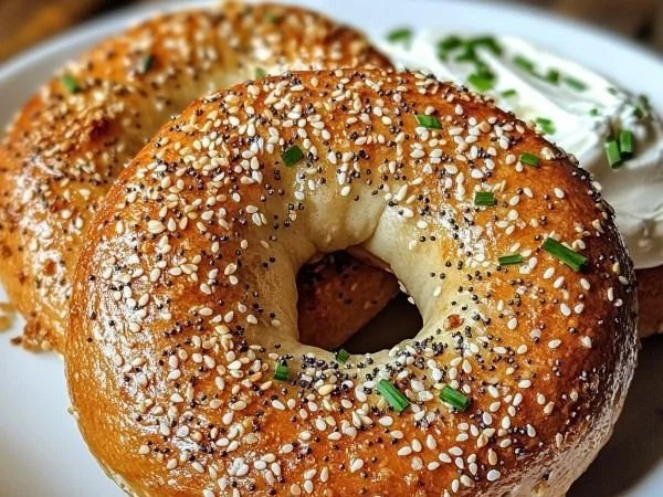 Freshly baked homemade bagels on a wooden board topped with sesame seeds