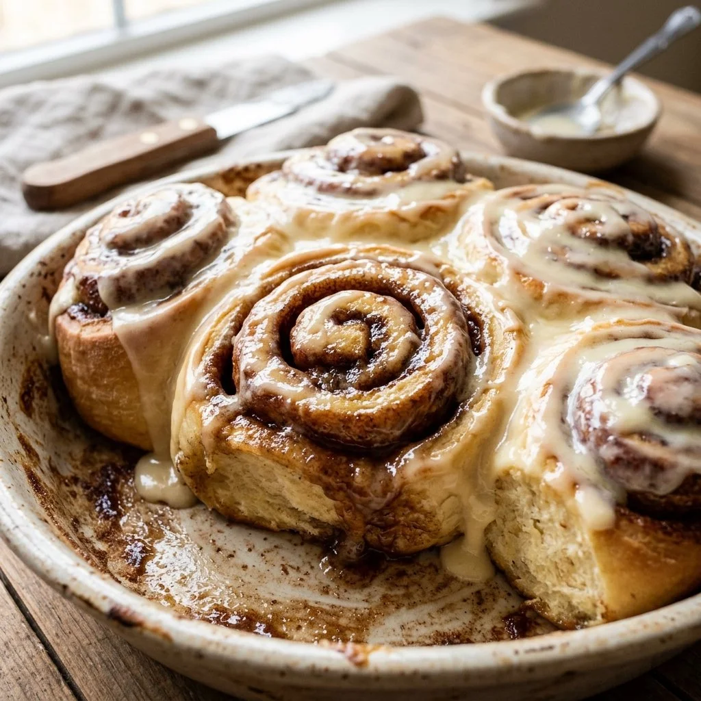 Fresh homemade cinnamon rolls topped with creamy icing on a wooden table.