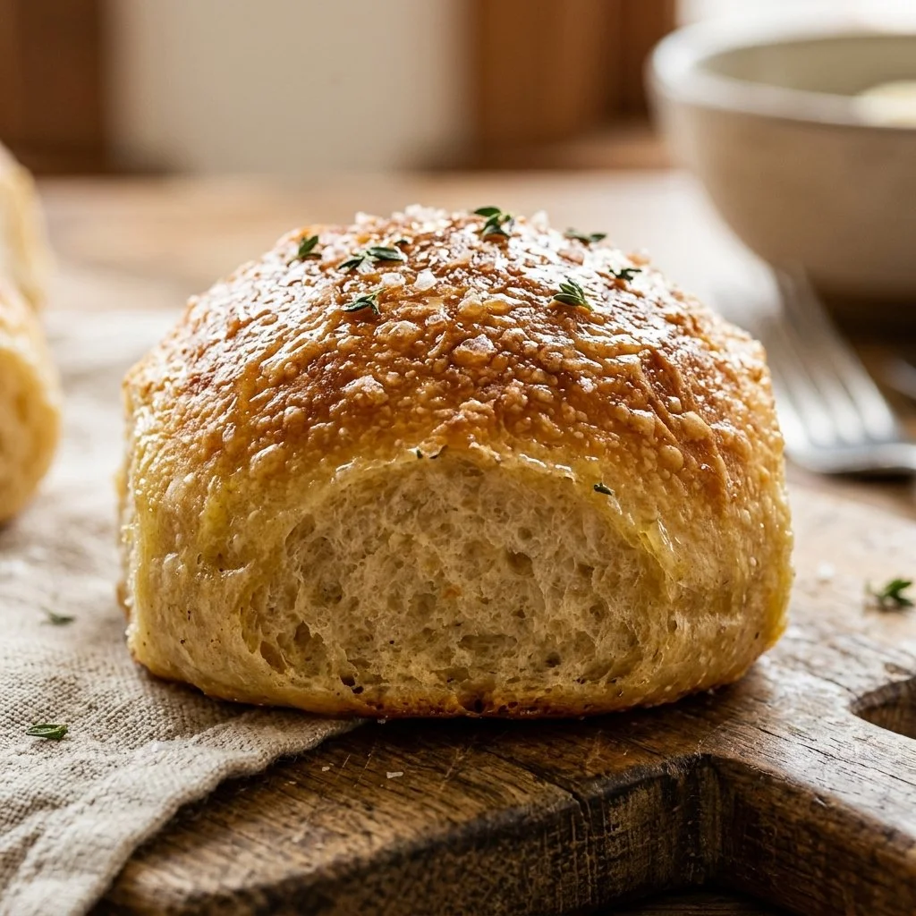 Freshly baked homemade dinner rolls on a wooden table