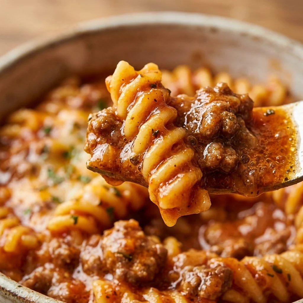 A bowl of homemade hamburger helper with pasta and ground beef