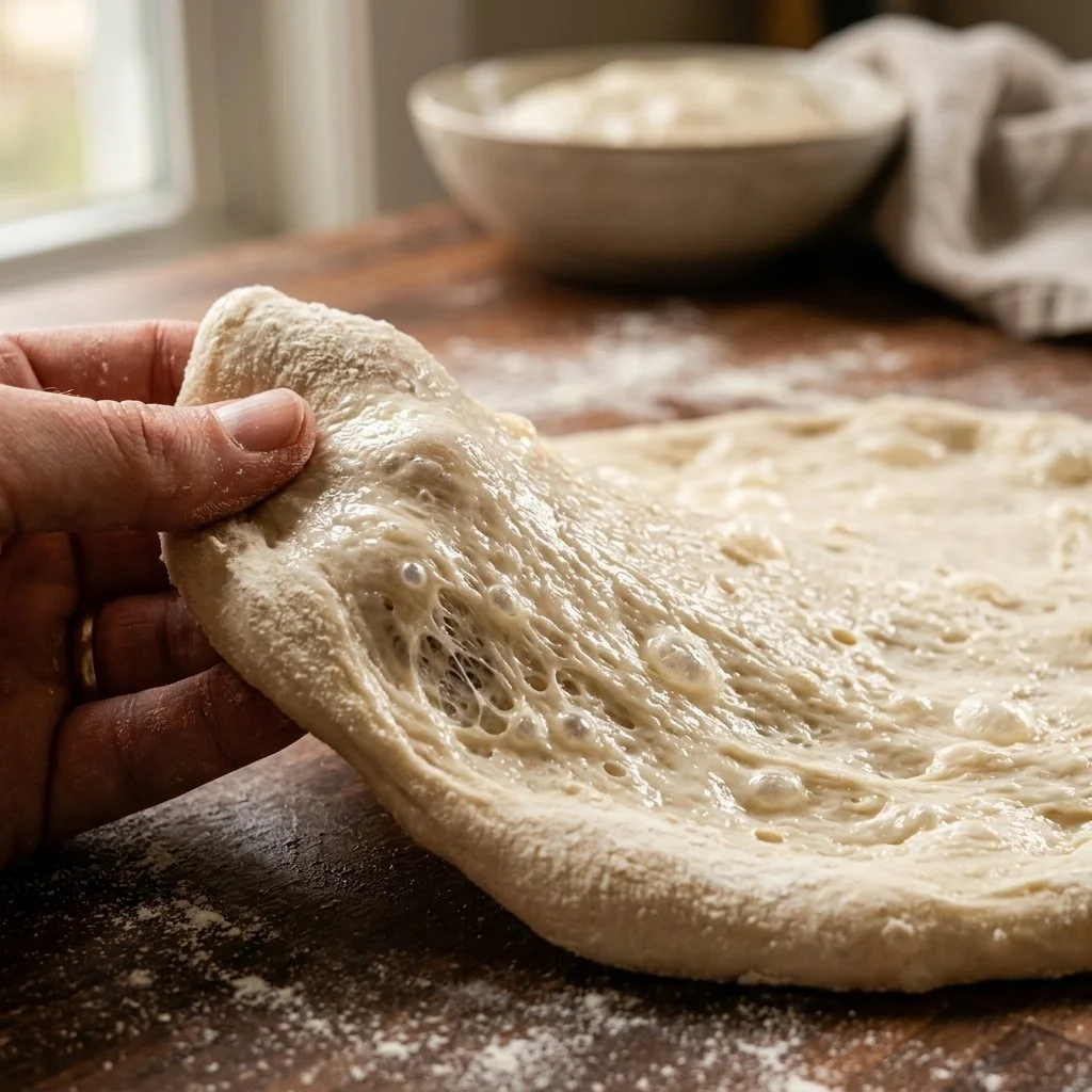 Homemade pizza dough being prepared on a countertop.