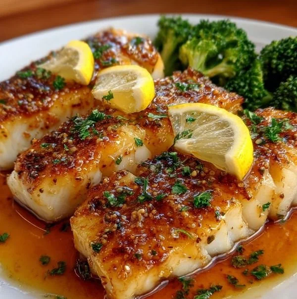 Delicious honey baked cod fillet served on a plate with fresh herbs.