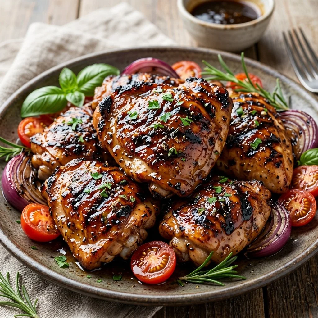 Honey balsamic grilled chicken on a plate garnished with herbs