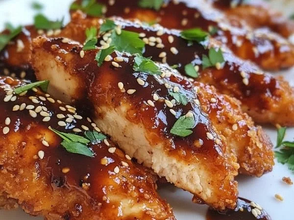 Honey BBQ Chicken Tenders recipe with crispy golden tenders and a sweet BBQ glaze
