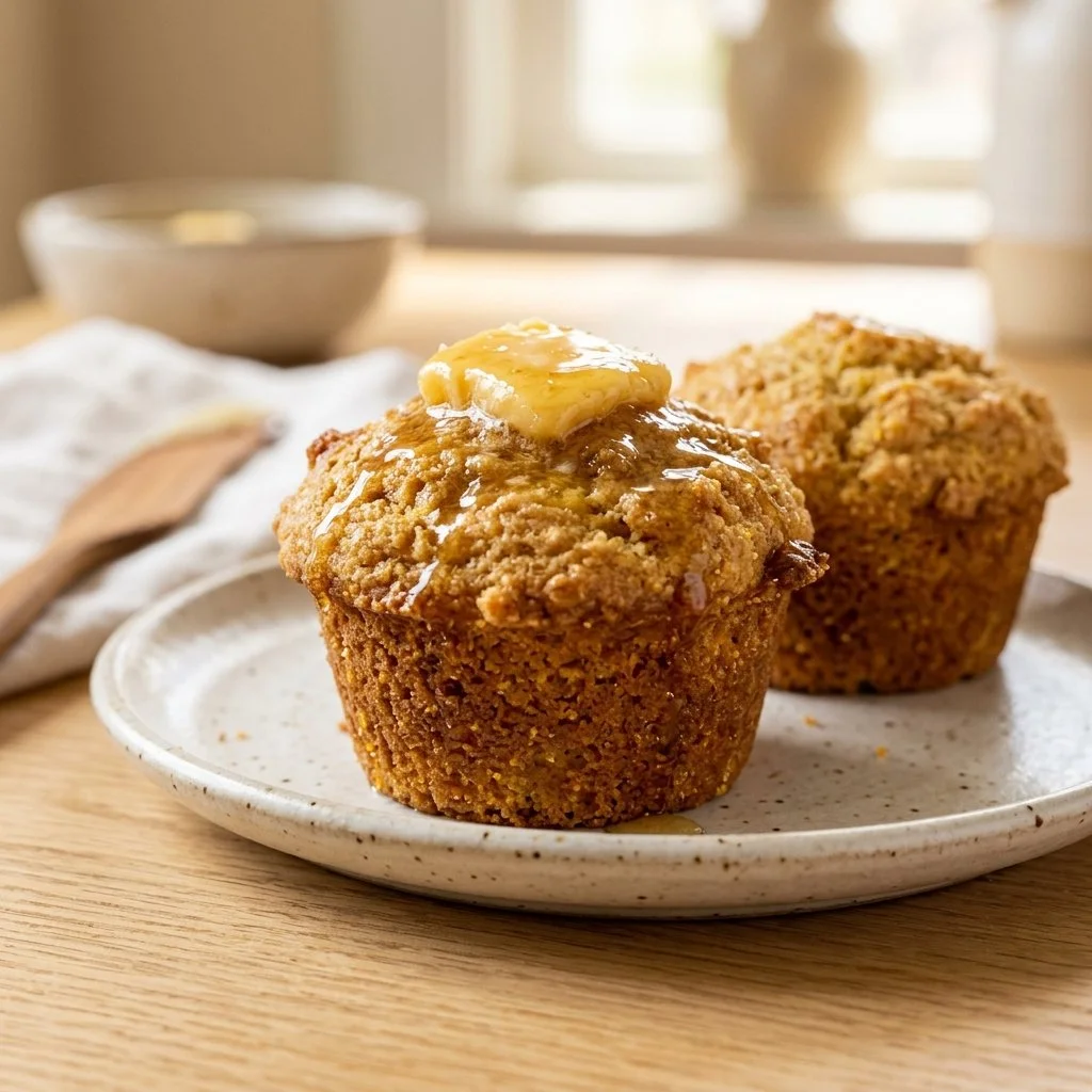 Honey Butter Cornbread Muffins served on a rustic wooden table