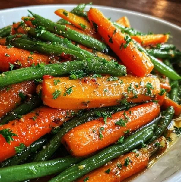 Honey glazed carrots served alongside green beans in a delicious recipe.