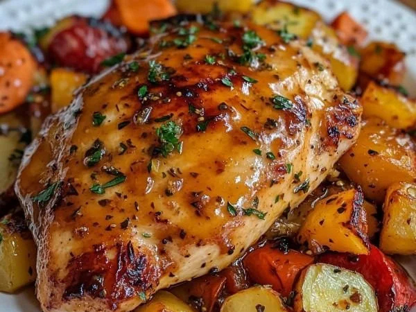 Honey Mustard Chicken with roasted vegetables on a plate