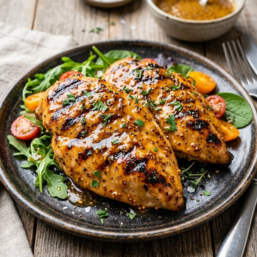 Delicious honey mustard grilled chicken on a plate with herbs and spices