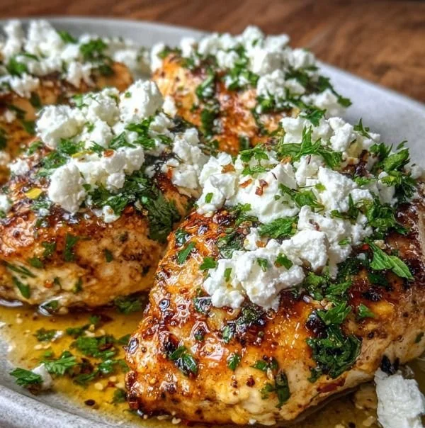 Delicious Hot Honey Feta Chicken served on a plate with fresh herbs.