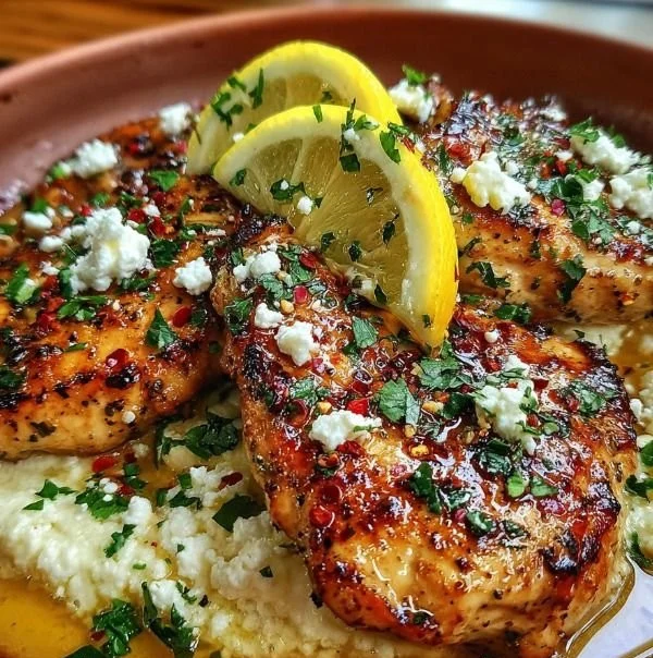 Hot honey feta chicken dish garnished with herbs and served on a plate.