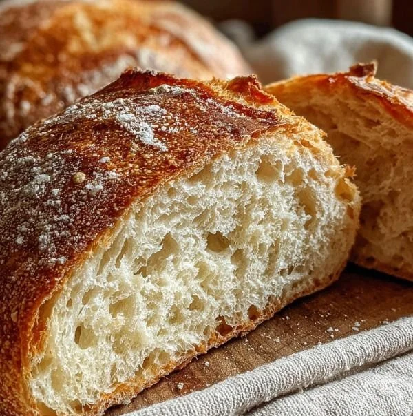 Freshly baked rustic artisan bread loaves on a wooden table
