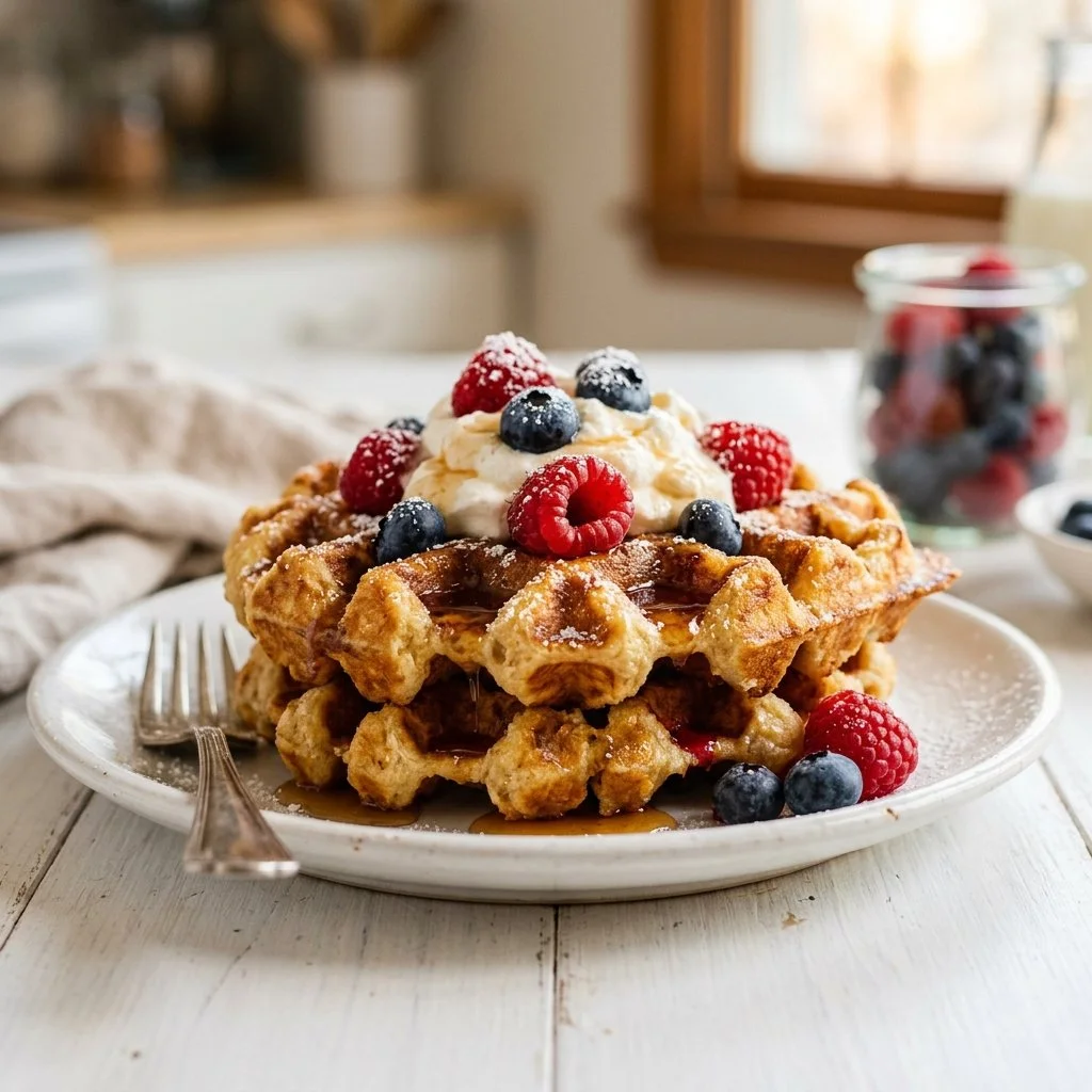 Delicious homemade waffles served with syrup and berries
