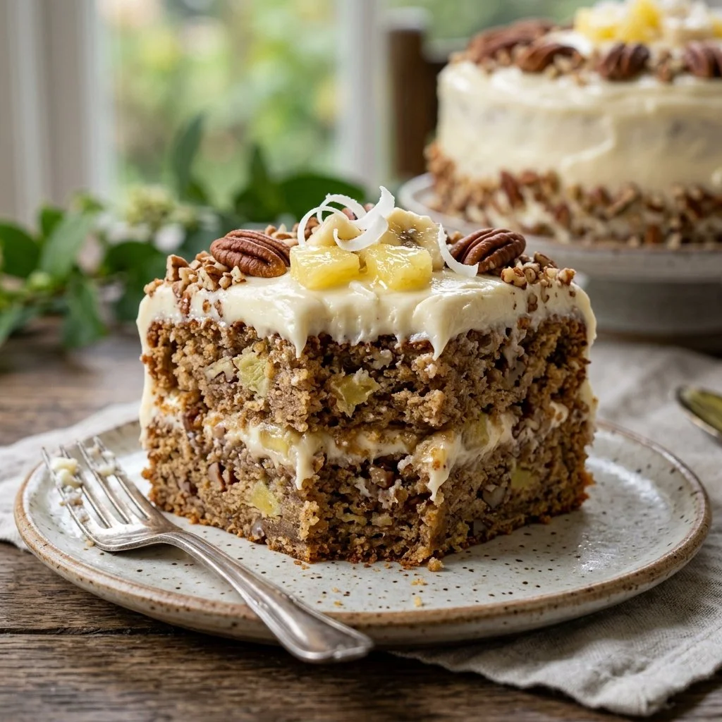Delicious slice of Hummingbird Cake with banana and pineapple toppings.