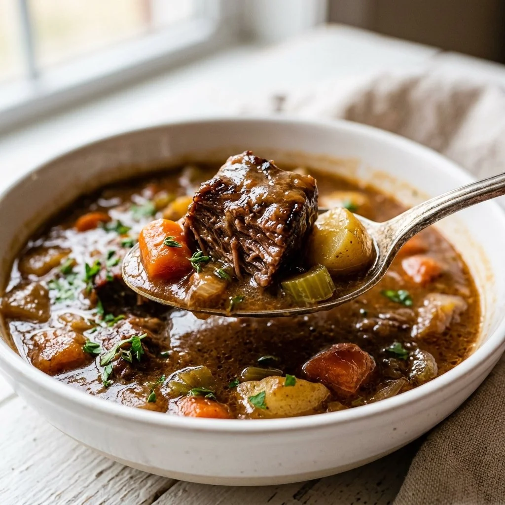 Delicious Instant Pot beef stew served in a bowl with fresh herbs