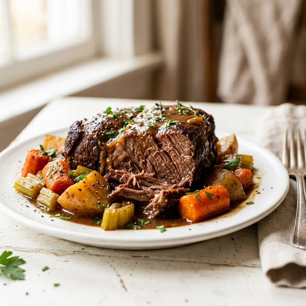 Delicious Instant Pot pot roast with vegetables and herbs ready to serve.