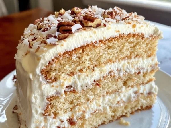 Delicious slice of Italian Cream Cake with creamy icing and nuts on top
