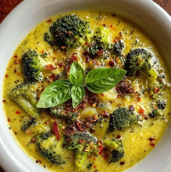 Creamy Italian Garlic Broccoli Soup in a bowl garnished with herbs.