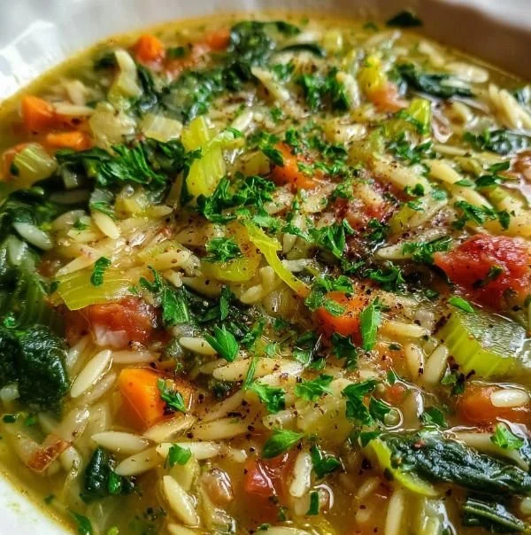 Bowl of Italian Orzo and Spinach Soup with fresh ingredients