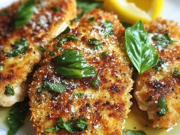 Italian-style basil chicken cutlets garnished with fresh basil leaves