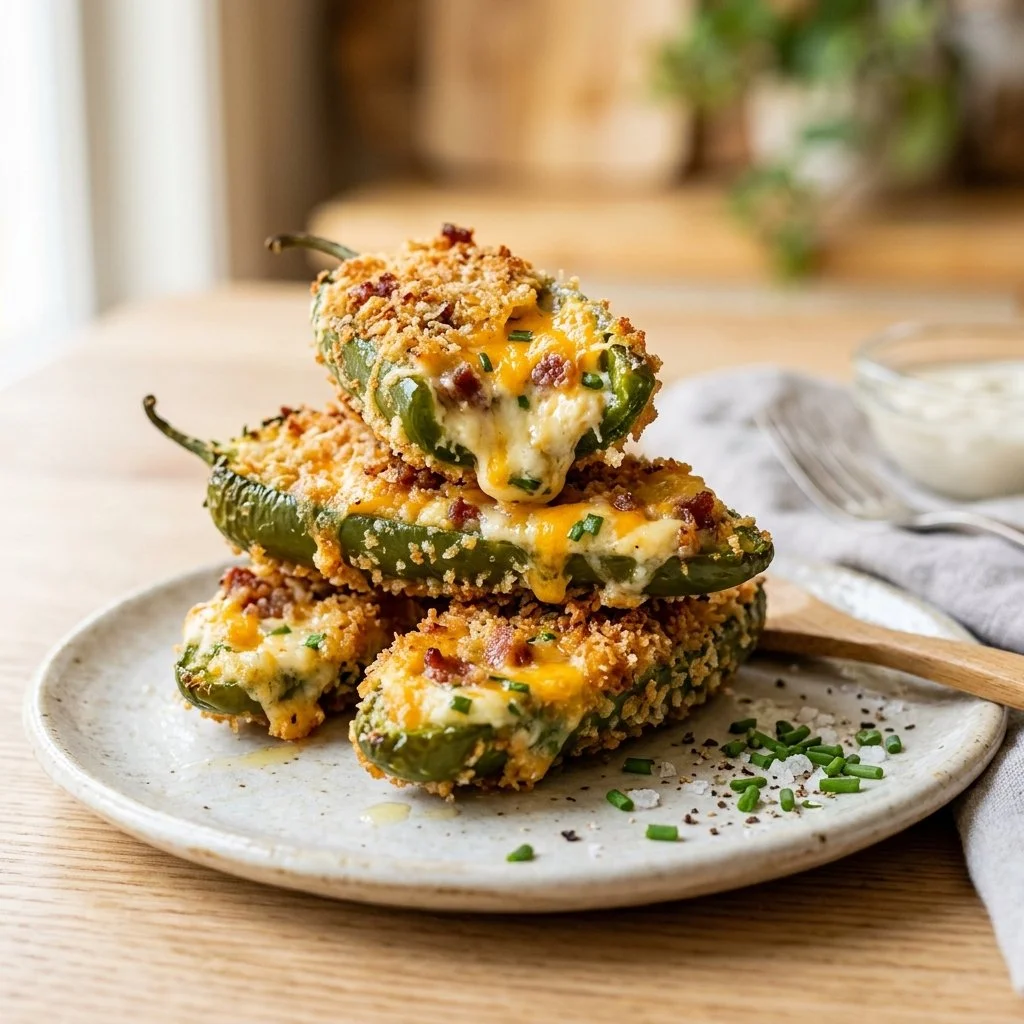 Homemade jalapeno poppers filled with cheese and wrapped in bacon