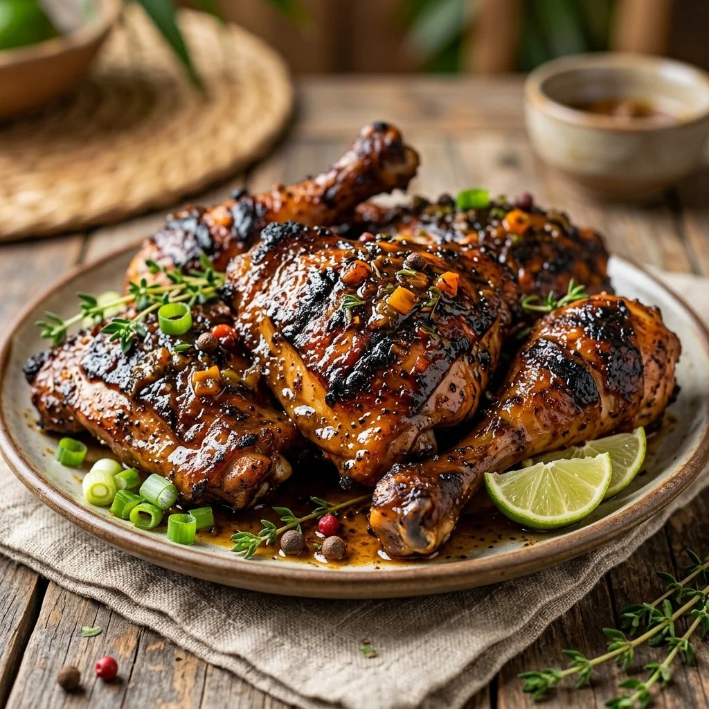 Delicious Jamaican Jerk Chicken garnished with herbs and spices.