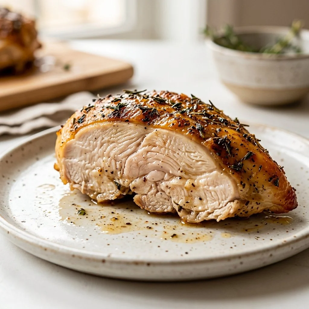 Juicy baked chicken breast ready to serve on a plate with herbs.
