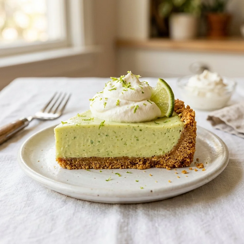Delicious slice of key lime pie with whipped cream and lime garnish