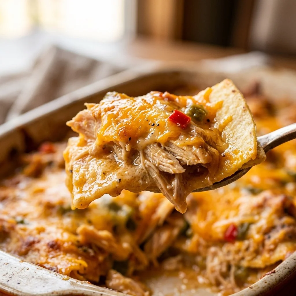 Delicious King Ranch Chicken casserole served in a baking dish