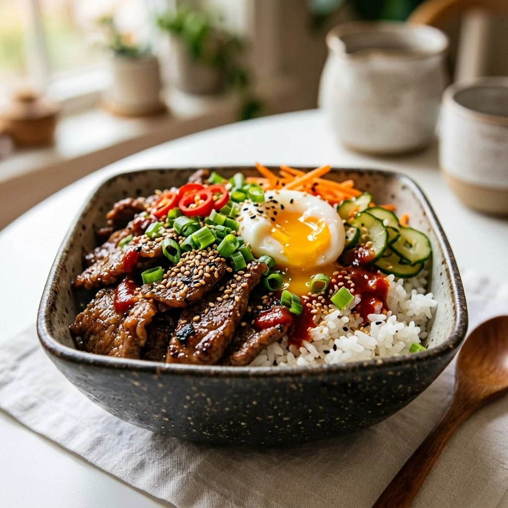 Delicious Korean beef bowls served with fresh vegetables and rice